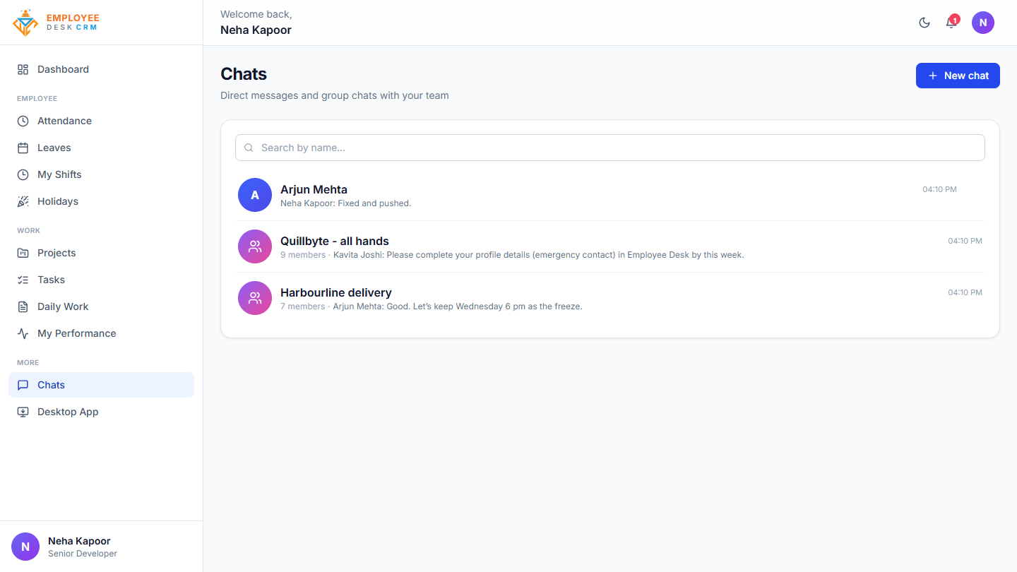 Employee Desk - Team chat with direct messages and group conversations