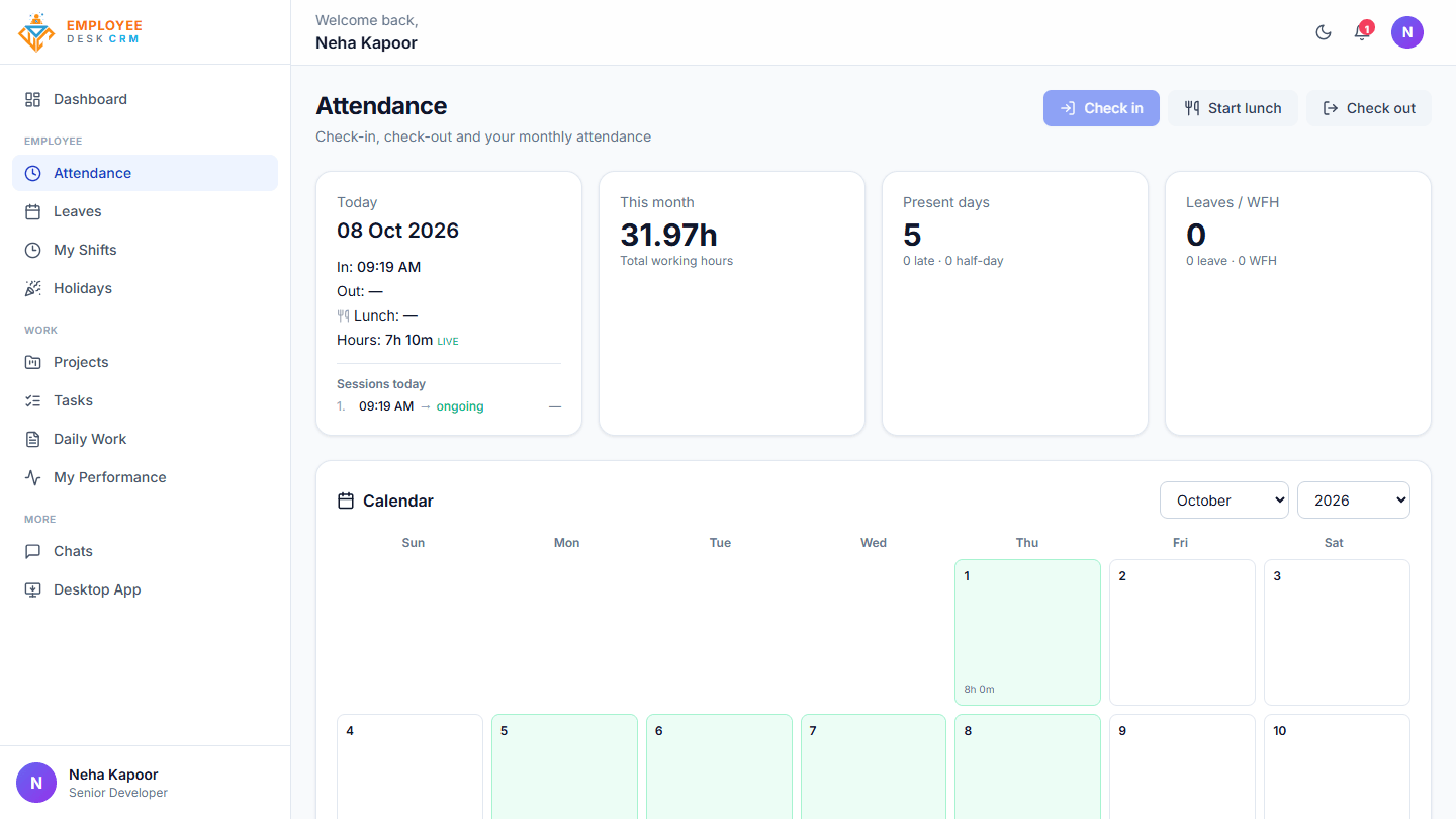 Employee Desk - Employee attendance with today’s sessions and monthly calendar