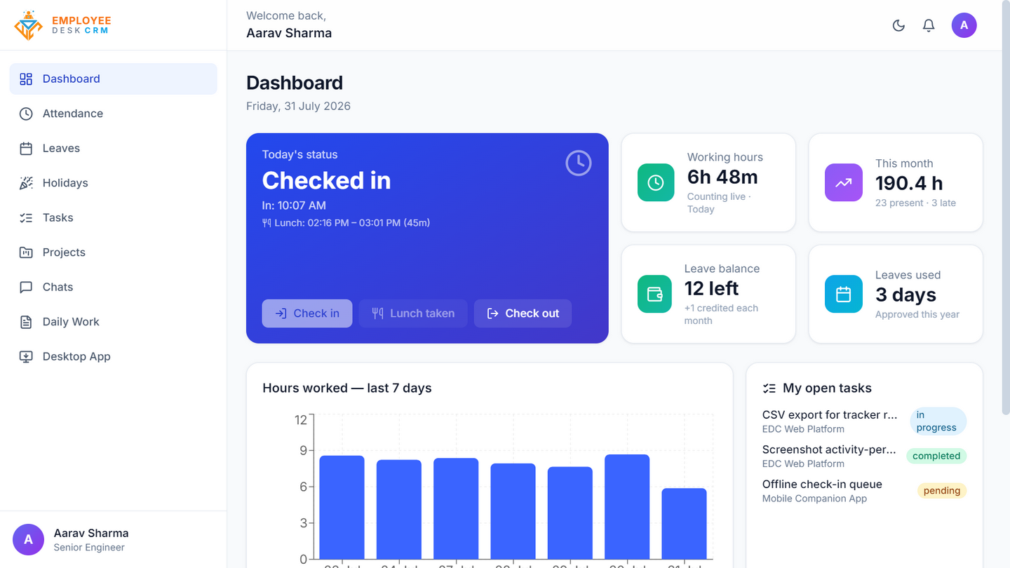 Employee dashboard in Employee Desk showing today attendance status, leave balance, assigned tasks and recent notifications.