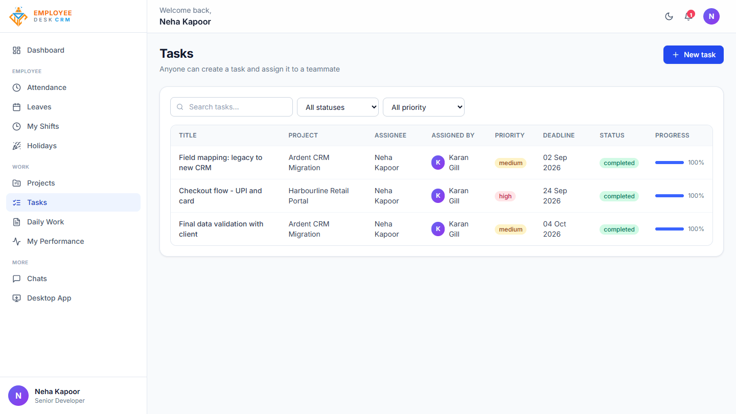 Employee Desk - Employee task list with project, deadline, status and progress