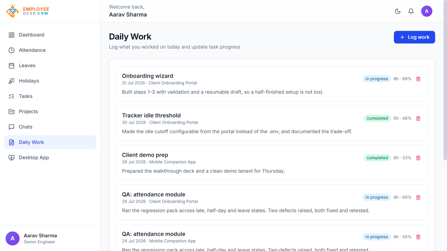 Daily work report form in Employee Desk with project selection, description of work done, hours spent and completion percentage.