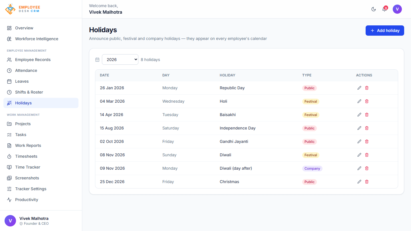 Employee Desk - Company holiday calendar for the year