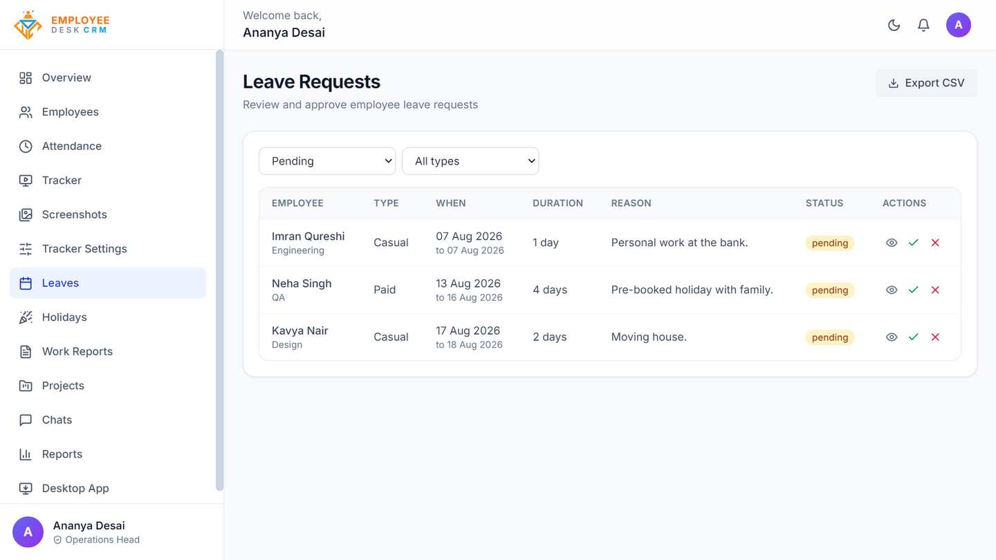 Leave management screen in Employee Desk showing pending leave requests, leave type, dates and the approve or reject action.