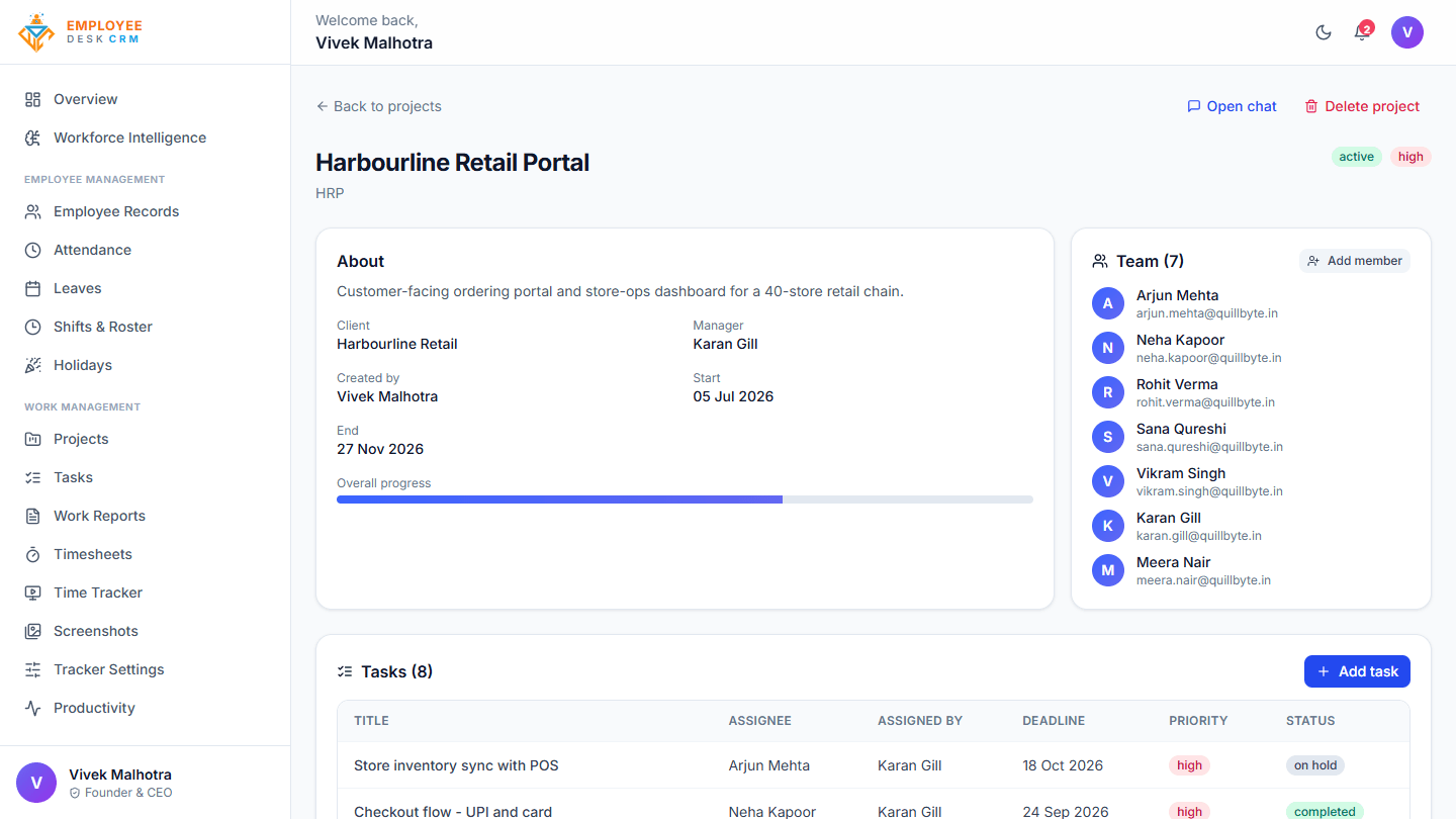 Employee Desk - Project detail with client, manager, team members and task list