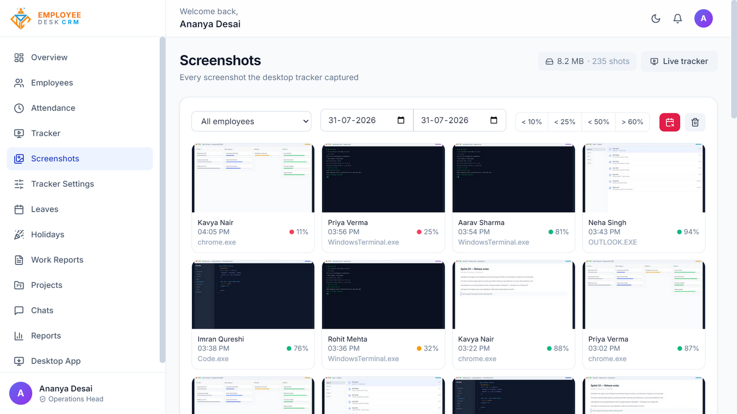 Screenshot gallery in Employee Desk showing captures through the day, each labelled with capture time and activity percentage.