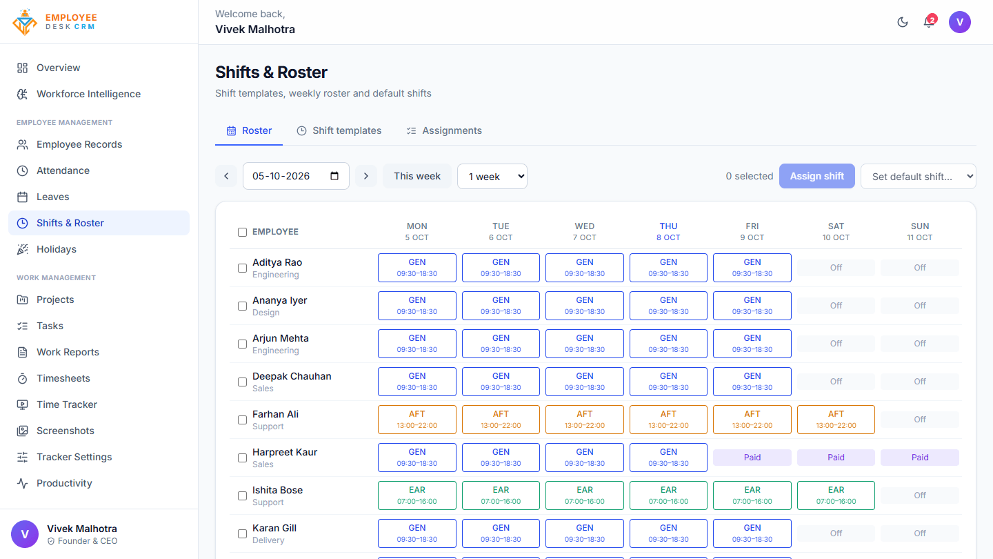 Shift roster in Employee Desk showing general, early, afternoon and night shifts for each employee across the week.