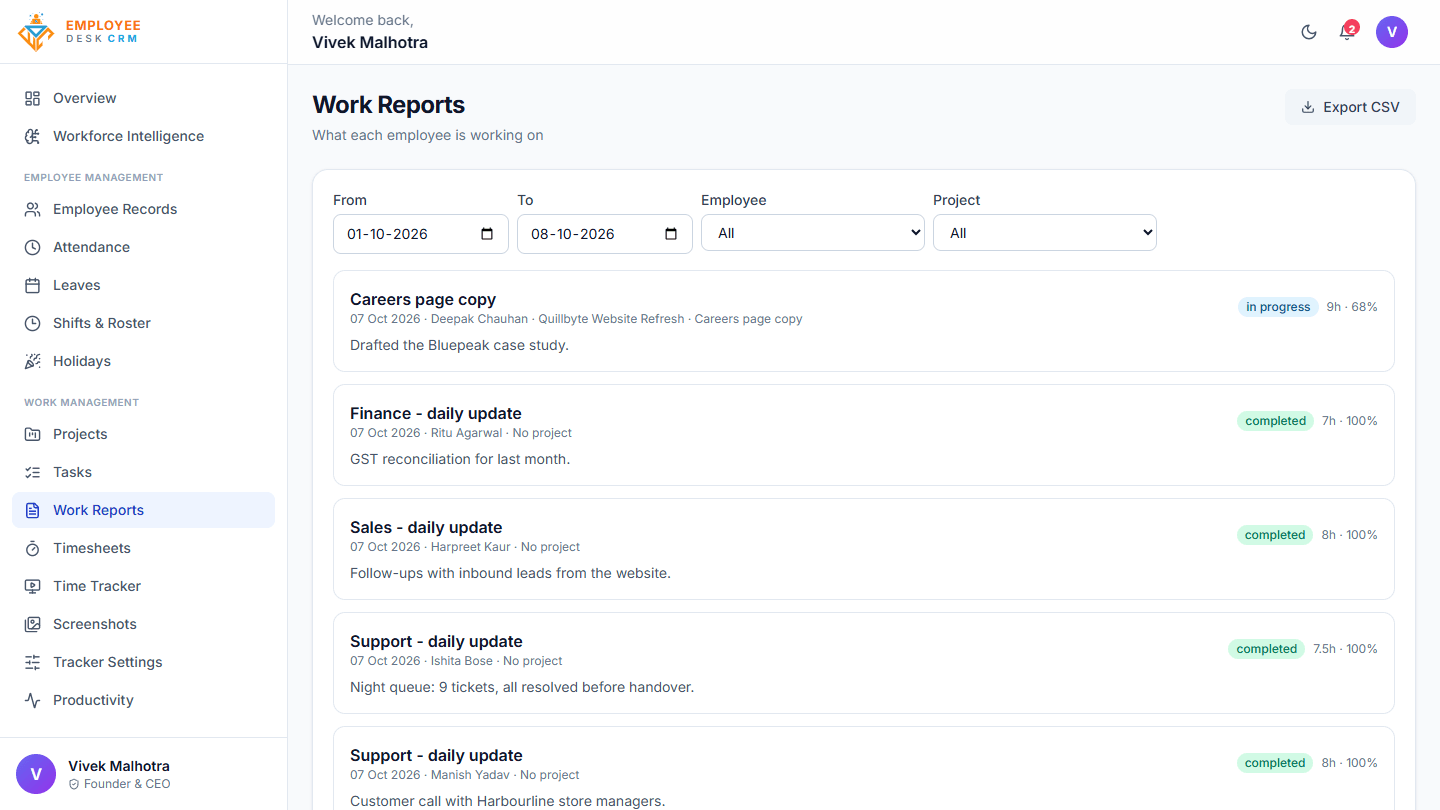 Employee Desk - Daily work reports from the team with project, hours and status